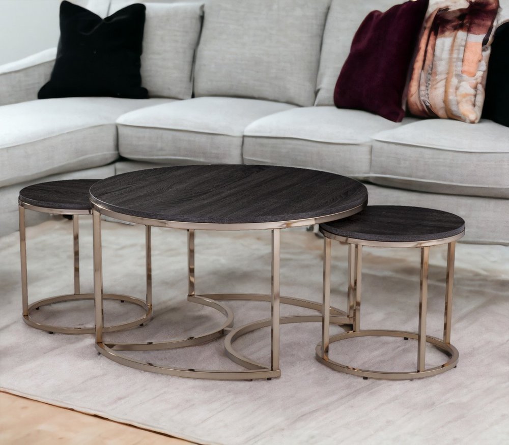 32" Champagne And Charcoal Manufactured Wood And Metal With Iron Round Coffee Table HomeRoots