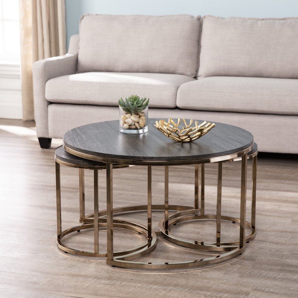 32" Champagne And Charcoal Manufactured Wood And Metal With Iron Round Coffee Table — view 1
