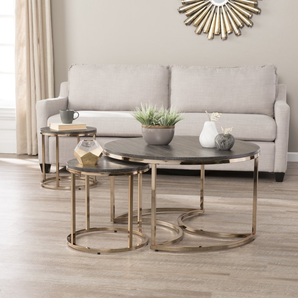 32" Champagne And Charcoal Manufactured Wood And Metal With Iron Round Coffee Table — view 2