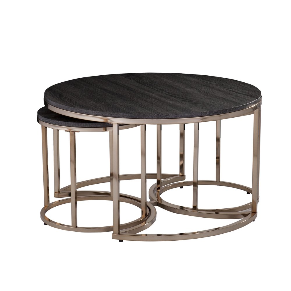 32" Champagne And Charcoal Manufactured Wood And Metal With Iron Round Coffee Table HomeRoots