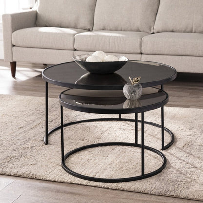 Set of Two Black And Silver Mirrored Round Nested Coffee Table Set HomeRoots