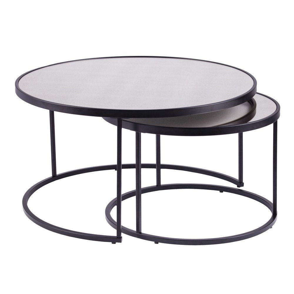 Set of Two Black And Silver Mirrored Round Nested Coffee Table Set HomeRoots