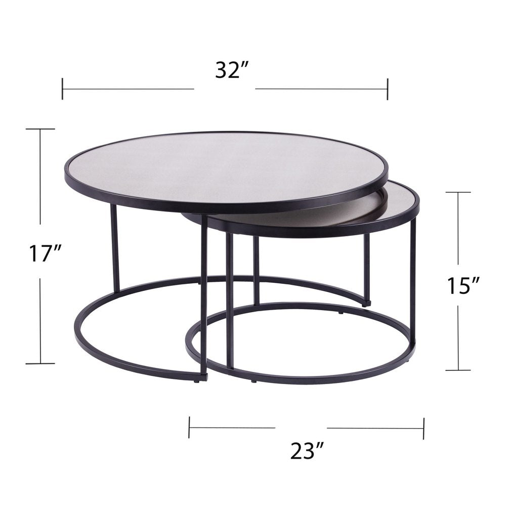 Set of Two Black And Silver Mirrored Round Nested Coffee Table Set HomeRoots