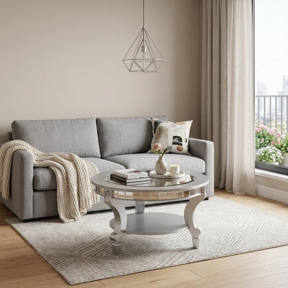 29" Silver Mirrored And Metal Round Mirrored Coffee Table — view 1