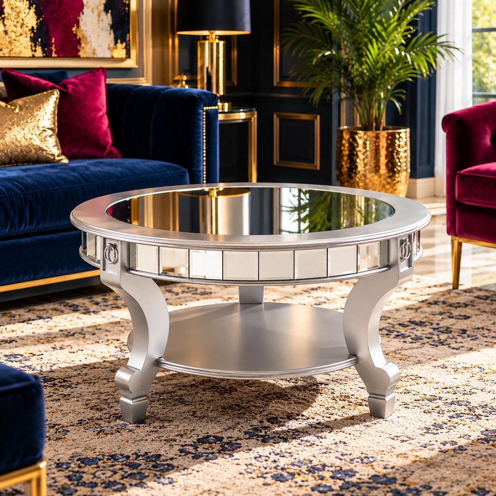 29" Silver Mirrored And Metal Round Mirrored Coffee Table — view 13