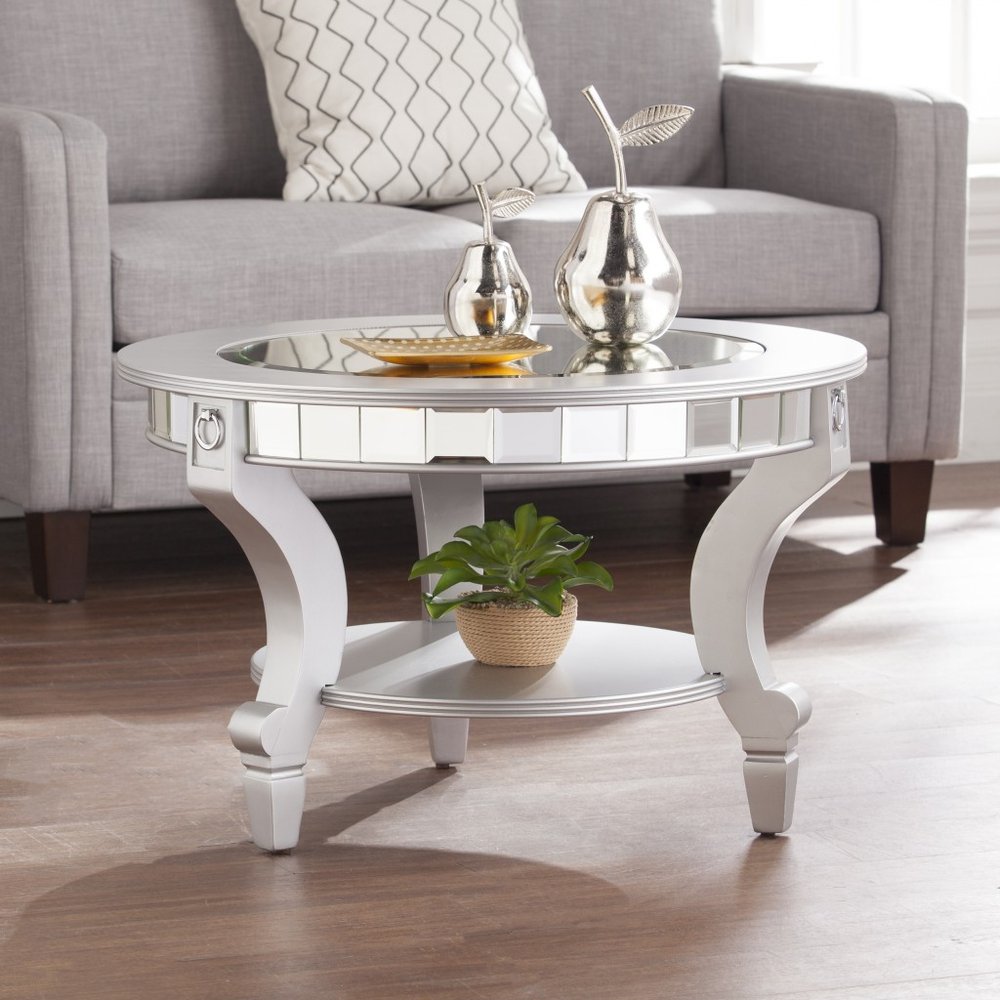 29" Silver Mirrored And Metal Round Mirrored Coffee Table — view 11