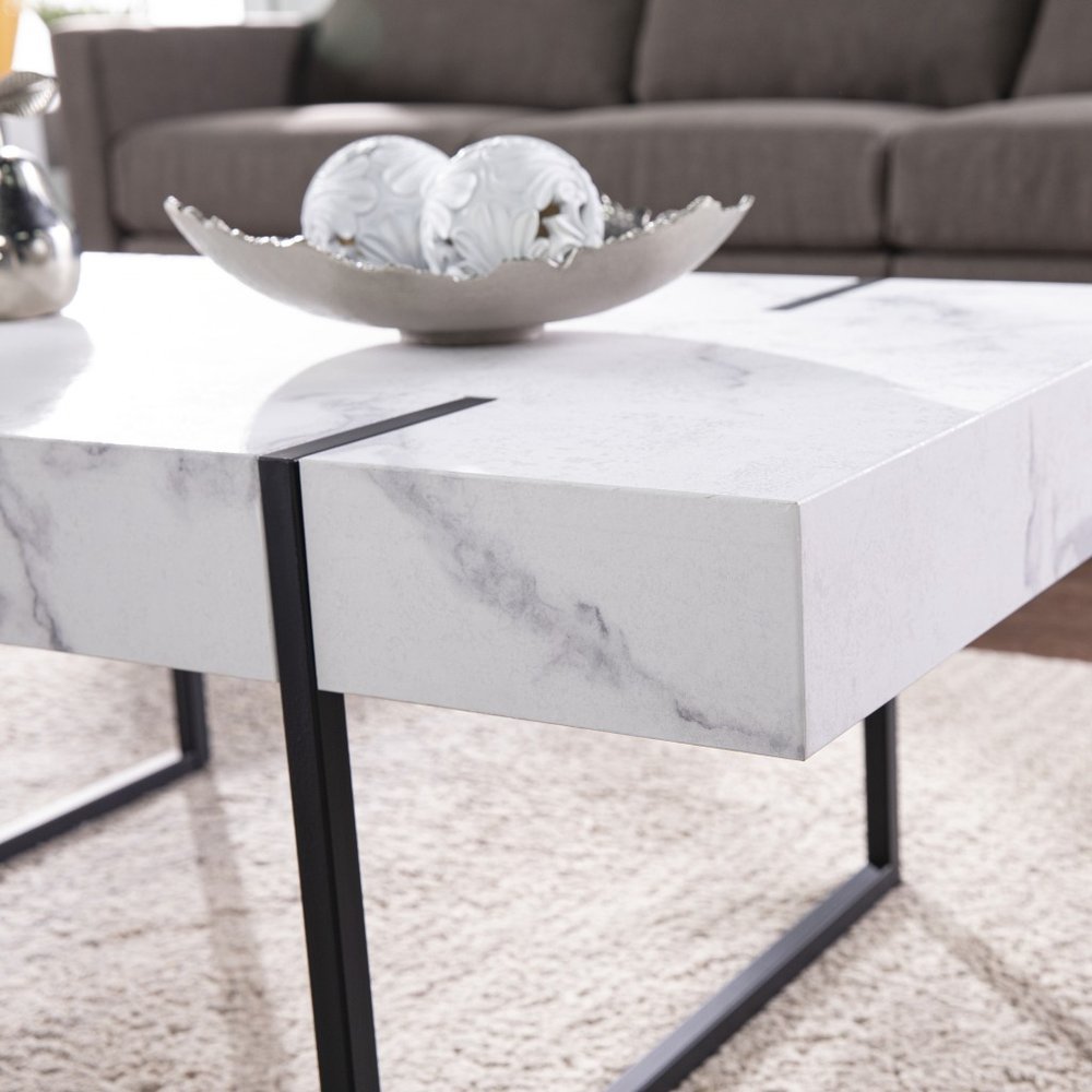 43" White And Black Faux Marble And Metal With Iron Coffee Table HomeRoots