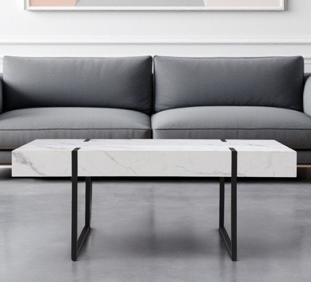 43" White And Black Faux Marble And Metal With Iron Coffee Table HomeRoots