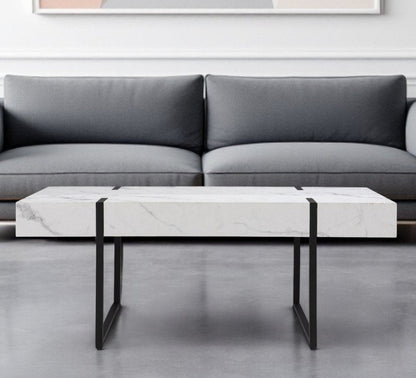 43" White And Black Faux Marble And Metal With Iron Coffee Table HomeRoots