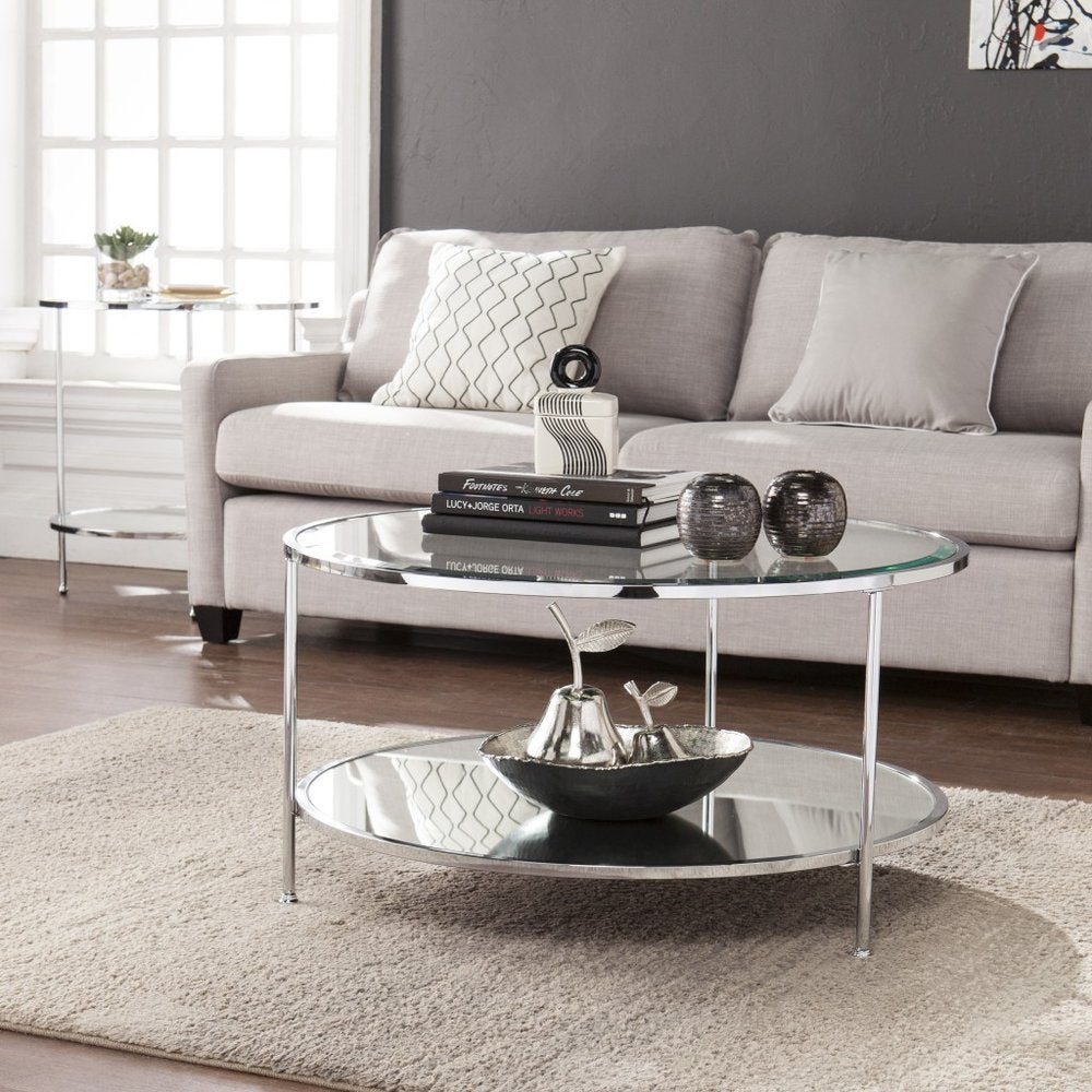 34" Chrome Glass And Metal Round Mirrored Coffee Table HomeRoots