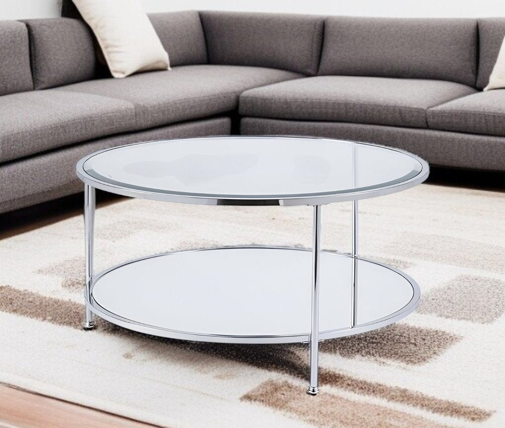 34" Chrome Glass And Metal Round Mirrored Coffee Table HomeRoots