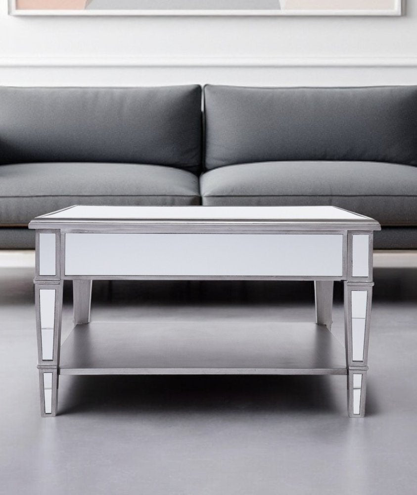 29" Silver Mirrored Square Coffee Table With Shelf HomeRoots