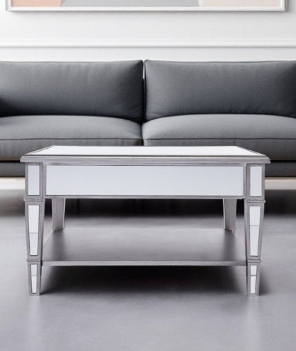 29" Silver Mirrored Square Coffee Table With Shelf HomeRoots
