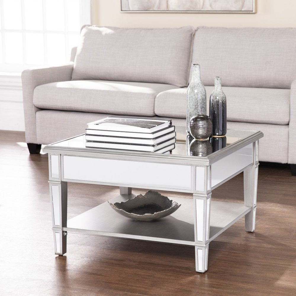 29" Silver Mirrored Square Coffee Table With Shelf HomeRoots