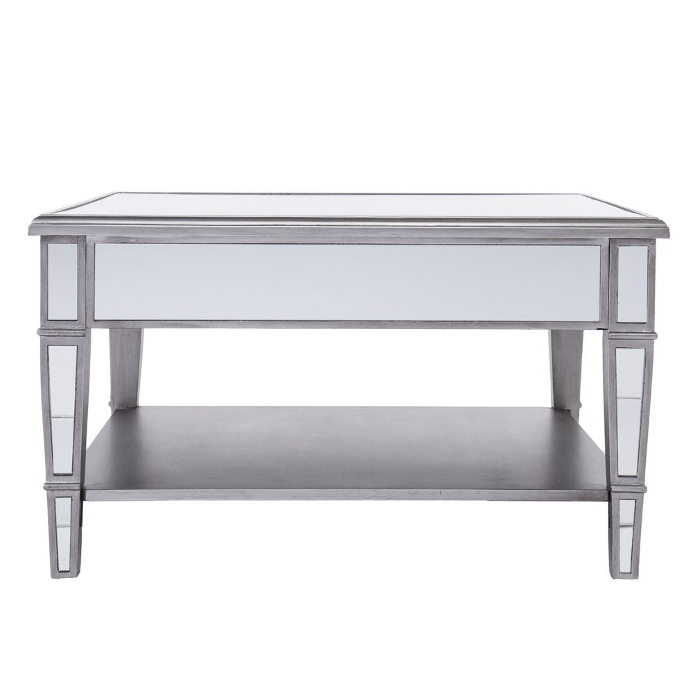 29" Silver Mirrored Square Coffee Table With Shelf HomeRoots