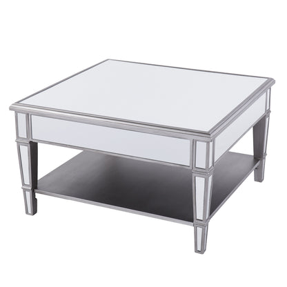 29" Silver Mirrored Square Coffee Table With Shelf