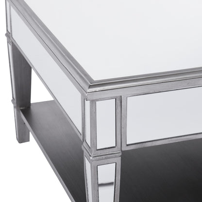 29" Silver Mirrored Square Coffee Table With Shelf