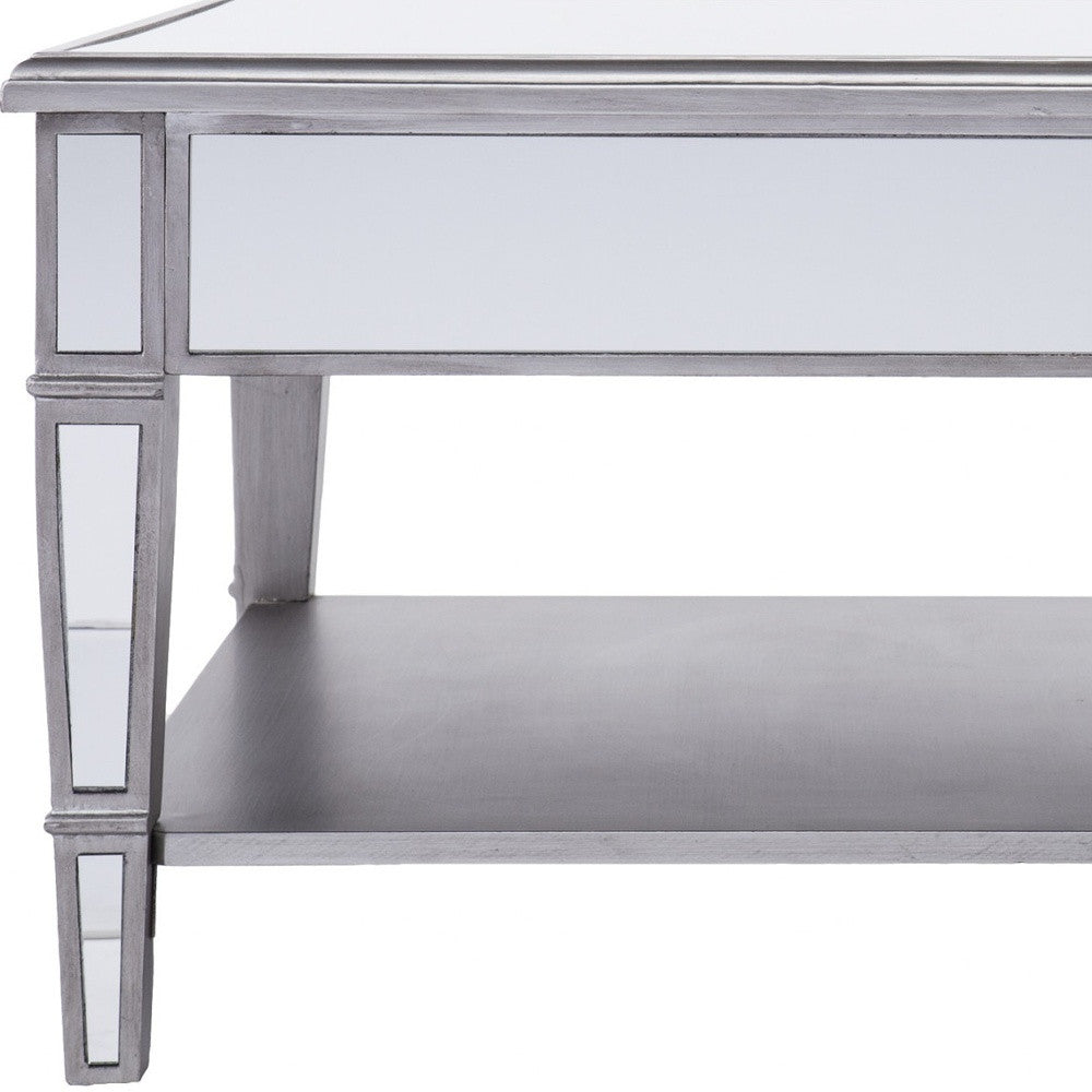 29" Silver Mirrored Square Coffee Table With Shelf