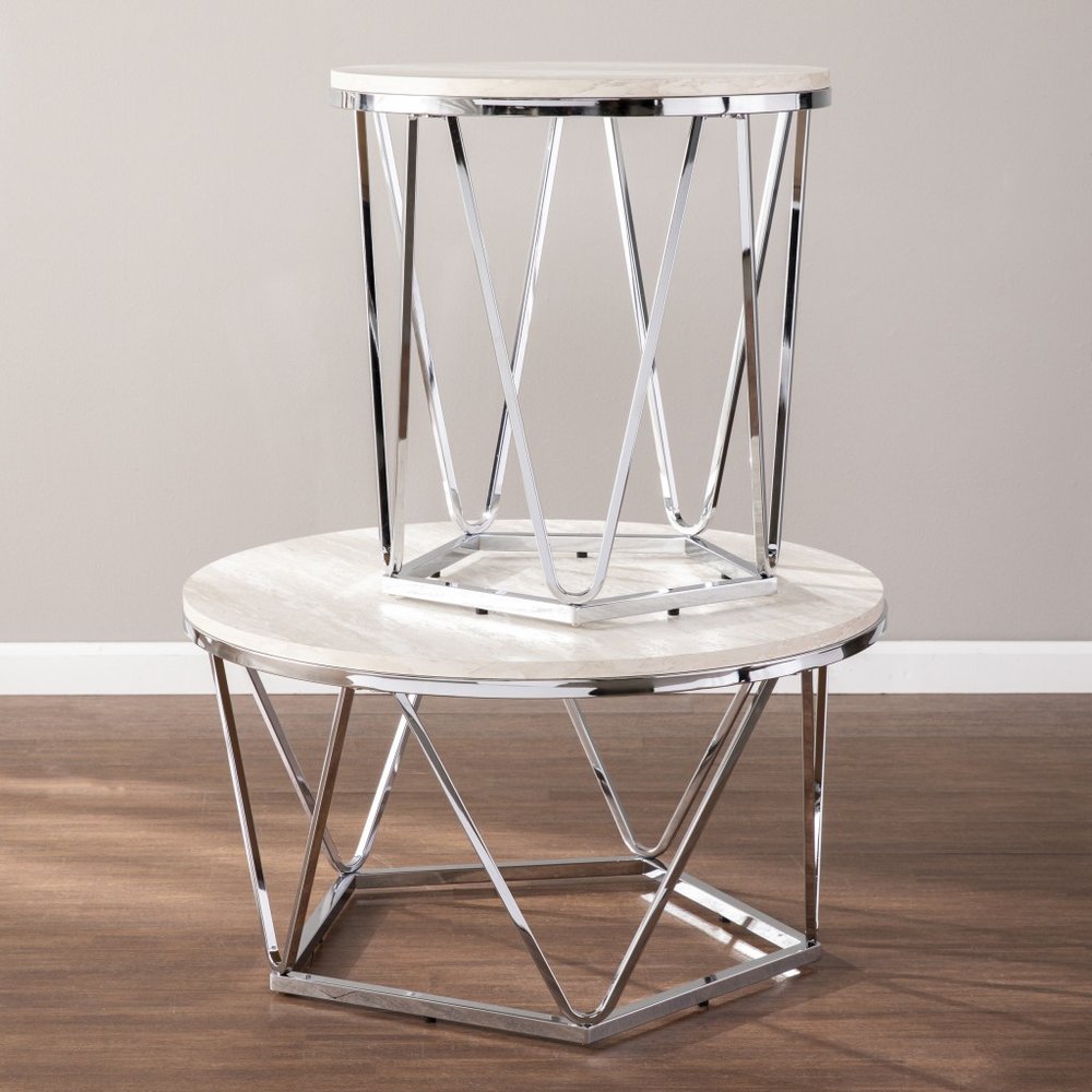 33" Silver Manufactured Wood And Metal Round Coffee Table HomeRoots