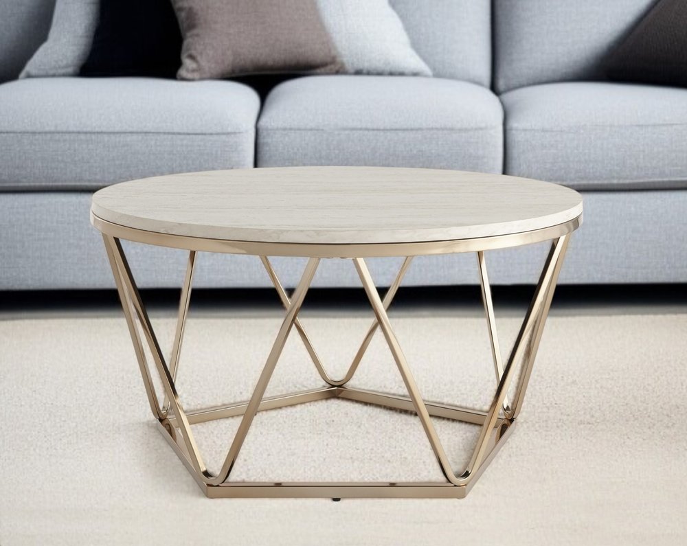 33" Champagne Solid Manufactured Wood And Metal Round Coffee Table HomeRoots