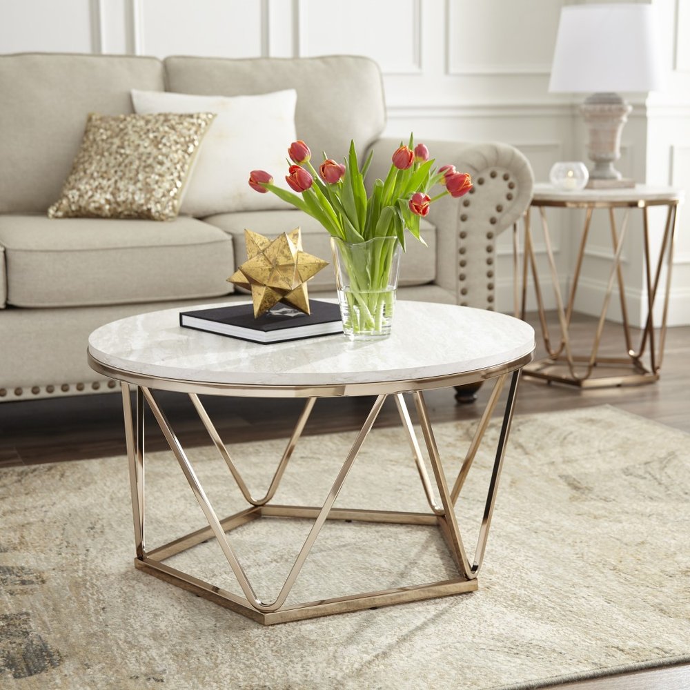 33" Champagne Solid Manufactured Wood And Metal Round Coffee Table HomeRoots