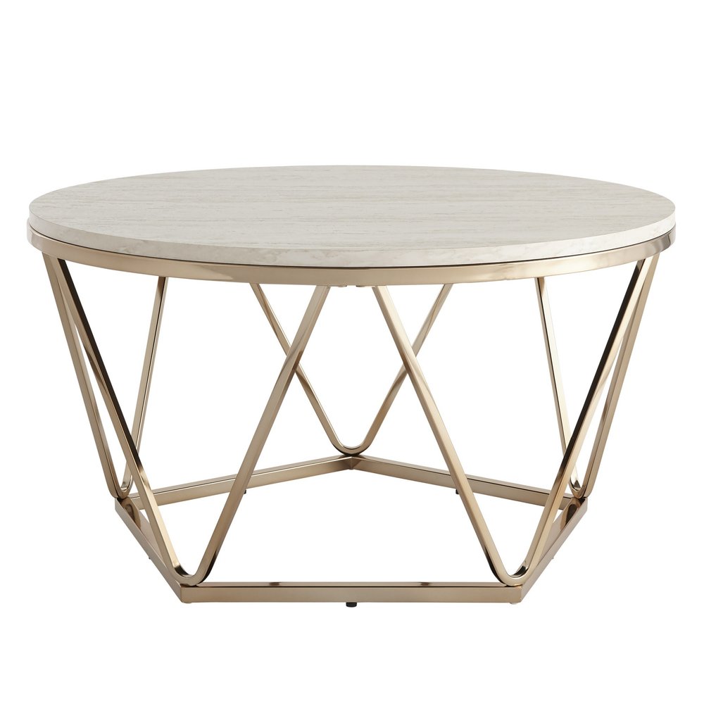 33" Champagne Solid Manufactured Wood And Metal Round Coffee Table HomeRoots