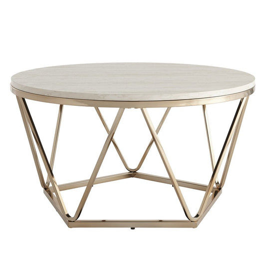 33" Champagne Solid Manufactured Wood And Metal Round Coffee Table HomeRoots