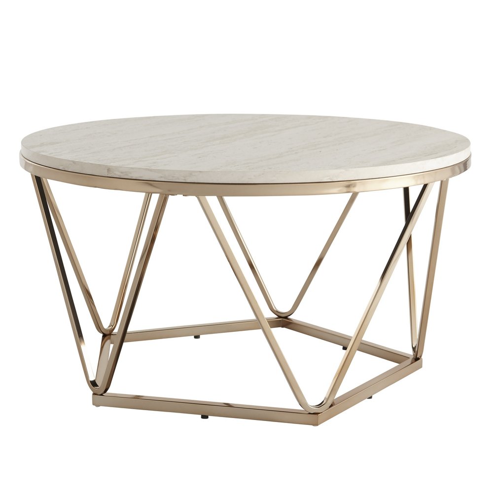 33" Champagne Solid Manufactured Wood And Metal Round Coffee Table HomeRoots