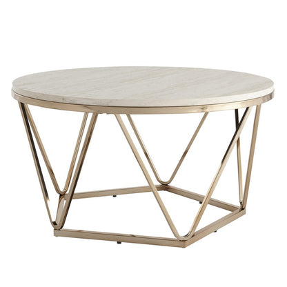 33" Champagne Solid Manufactured Wood And Metal Round Coffee Table HomeRoots