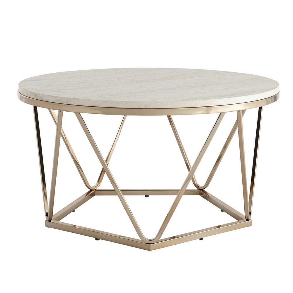 33" Champagne Solid Manufactured Wood And Metal Round Coffee Table HomeRoots