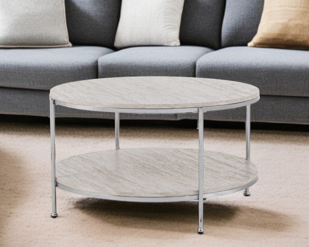 33" Chrome Faux Marble And Metal Round Coffee Table HomeRoots