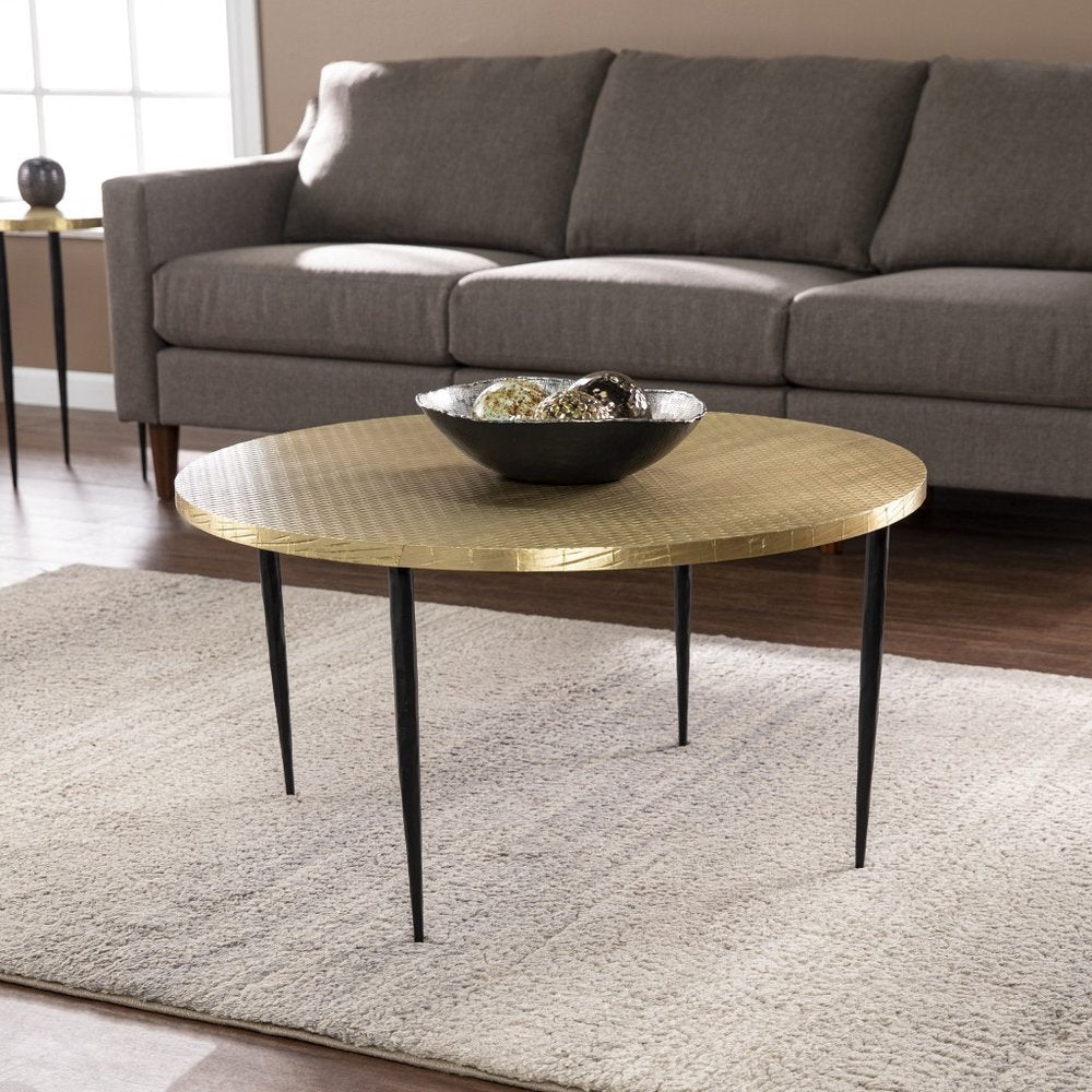 34" Black And Gold Embossed Metal Round Coffee Table HomeRoots