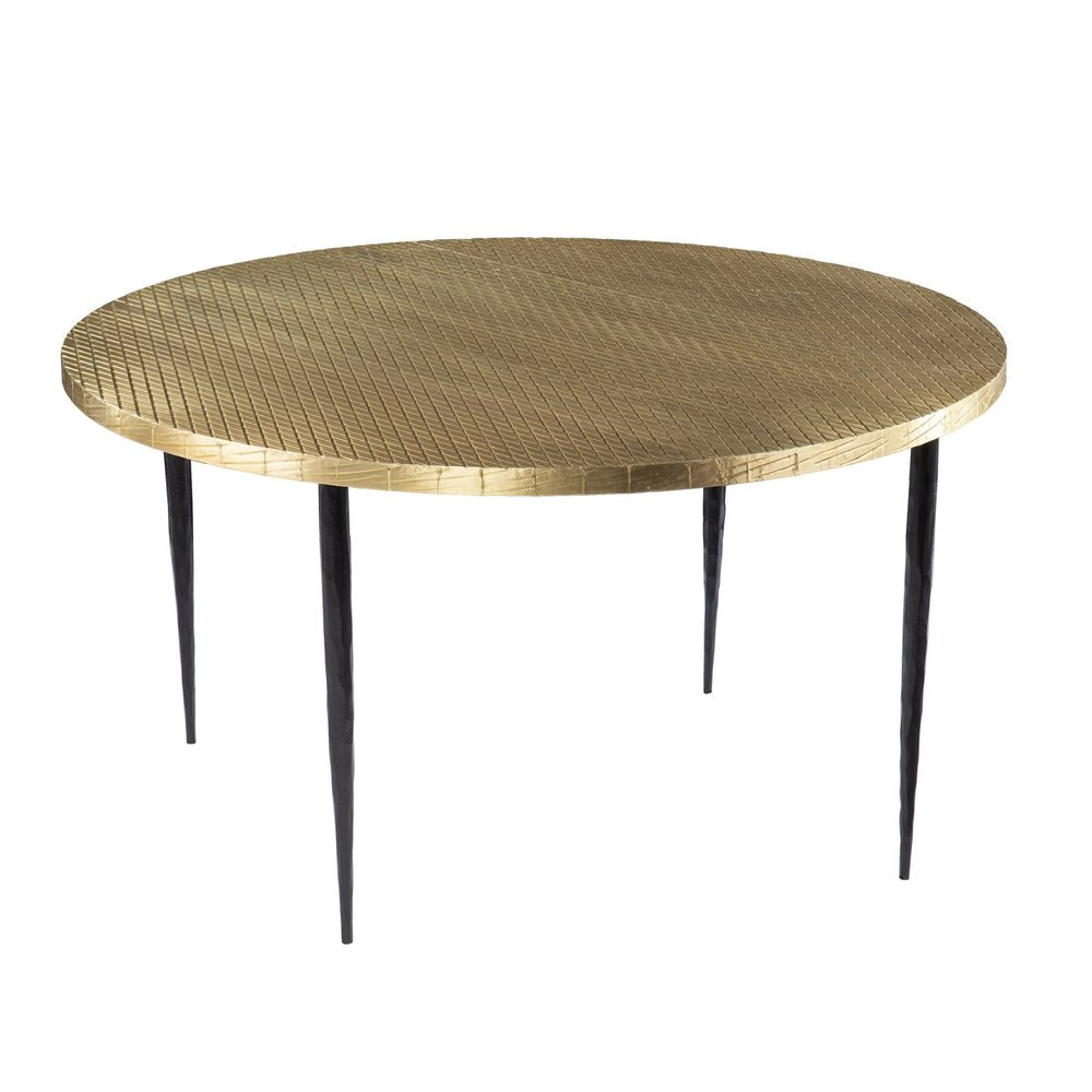 34" Black And Gold Embossed Metal Round Coffee Table HomeRoots