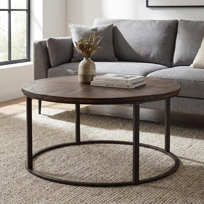 36" Natural And Brown Reclaimed Wood And Metal Round Coffee Table HomeRoots