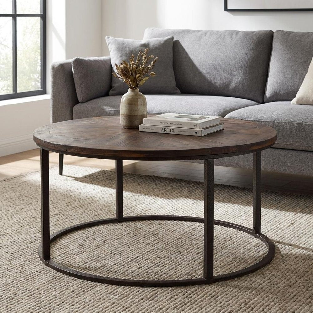 36" Natural And Brown Reclaimed Wood And Metal Round Coffee Table HomeRoots