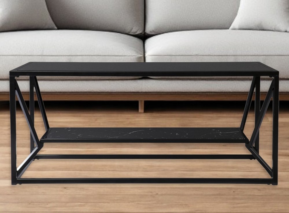 42" Black Glass Faux Marble And Metal Coffee Table With Shelf HomeRoots