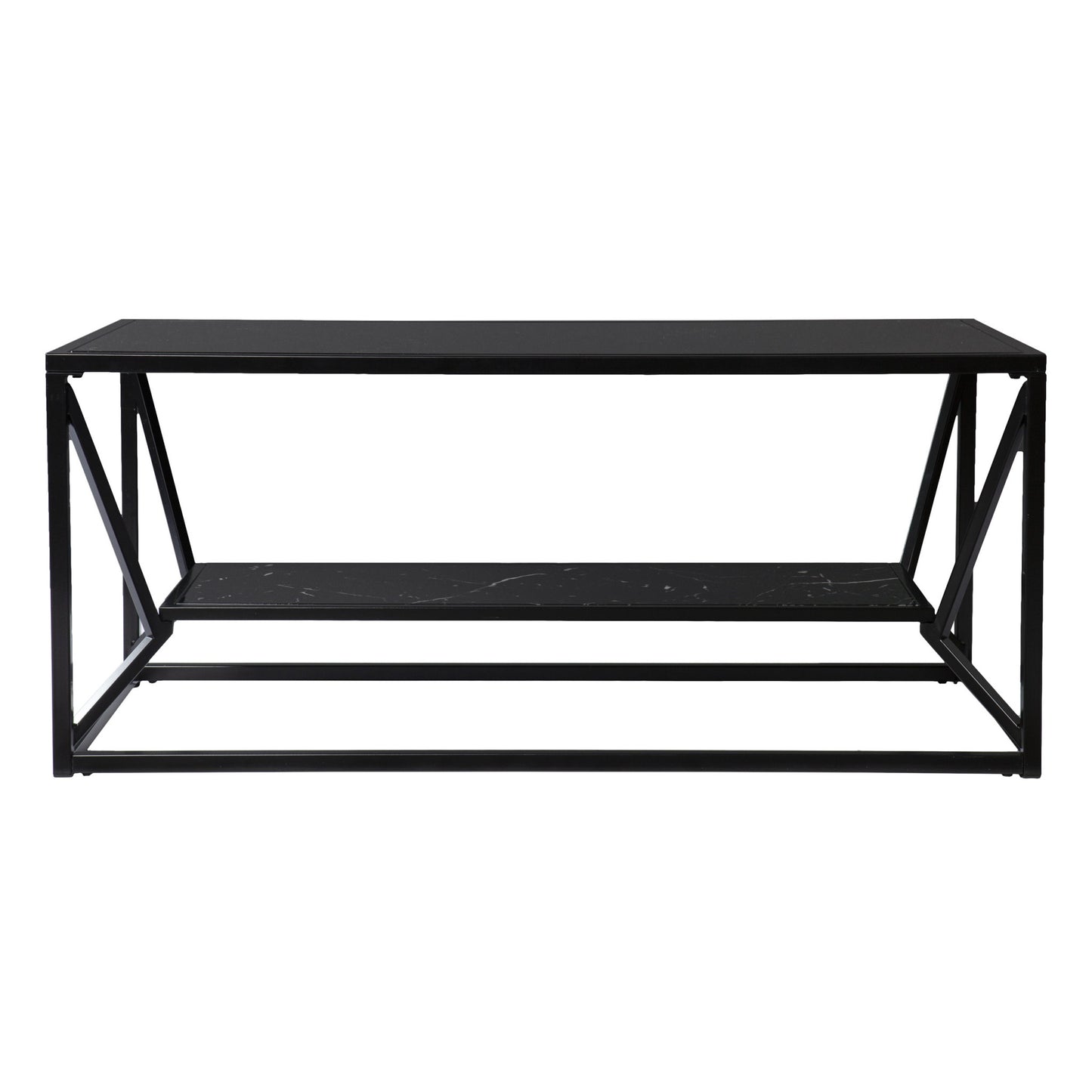 42" Black Glass Faux Marble And Metal Coffee Table With Shelf