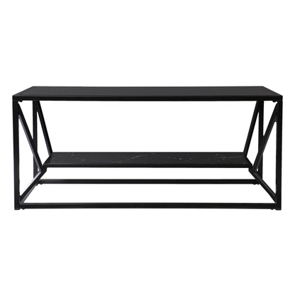 42" Black Glass Faux Marble And Metal Coffee Table With Shelf