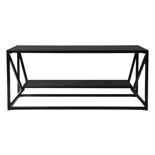 42" Black Glass Faux Marble And Metal Coffee Table With Shelf