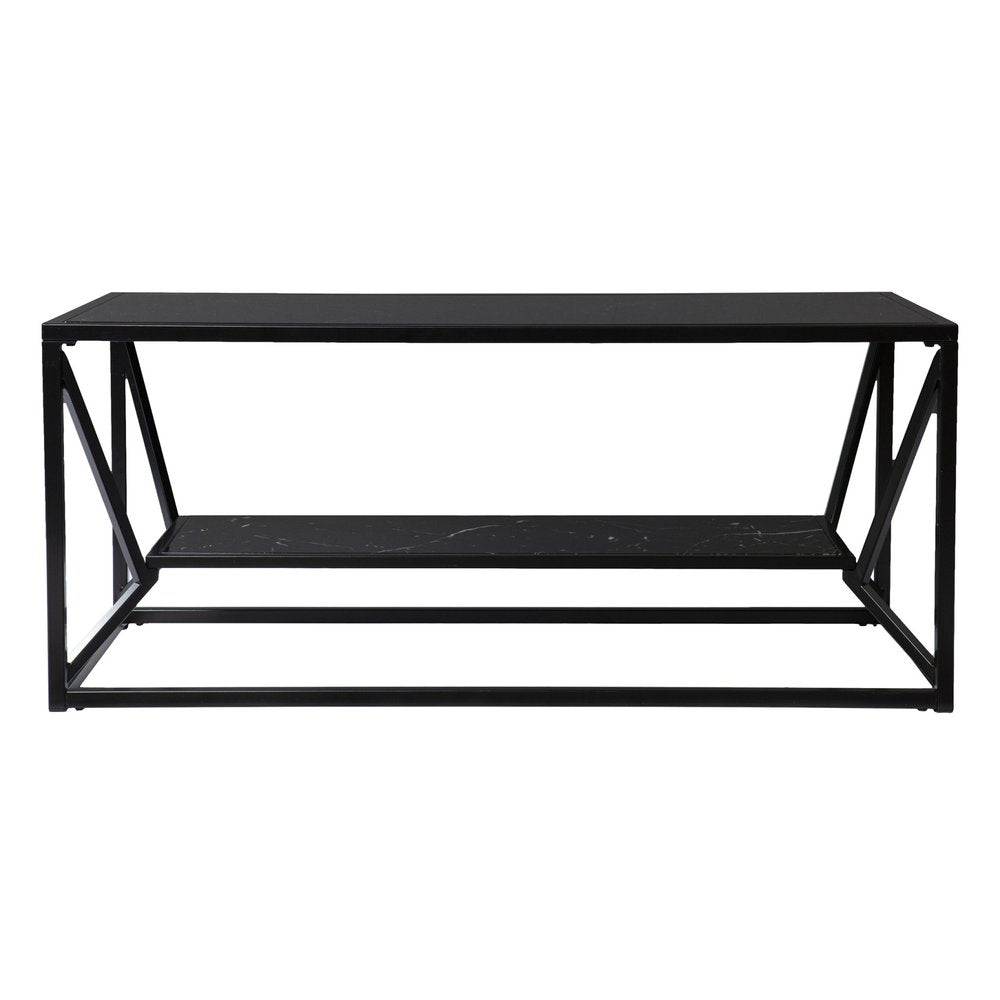 42" Black Glass Faux Marble And Metal Coffee Table With Shelf HomeRoots