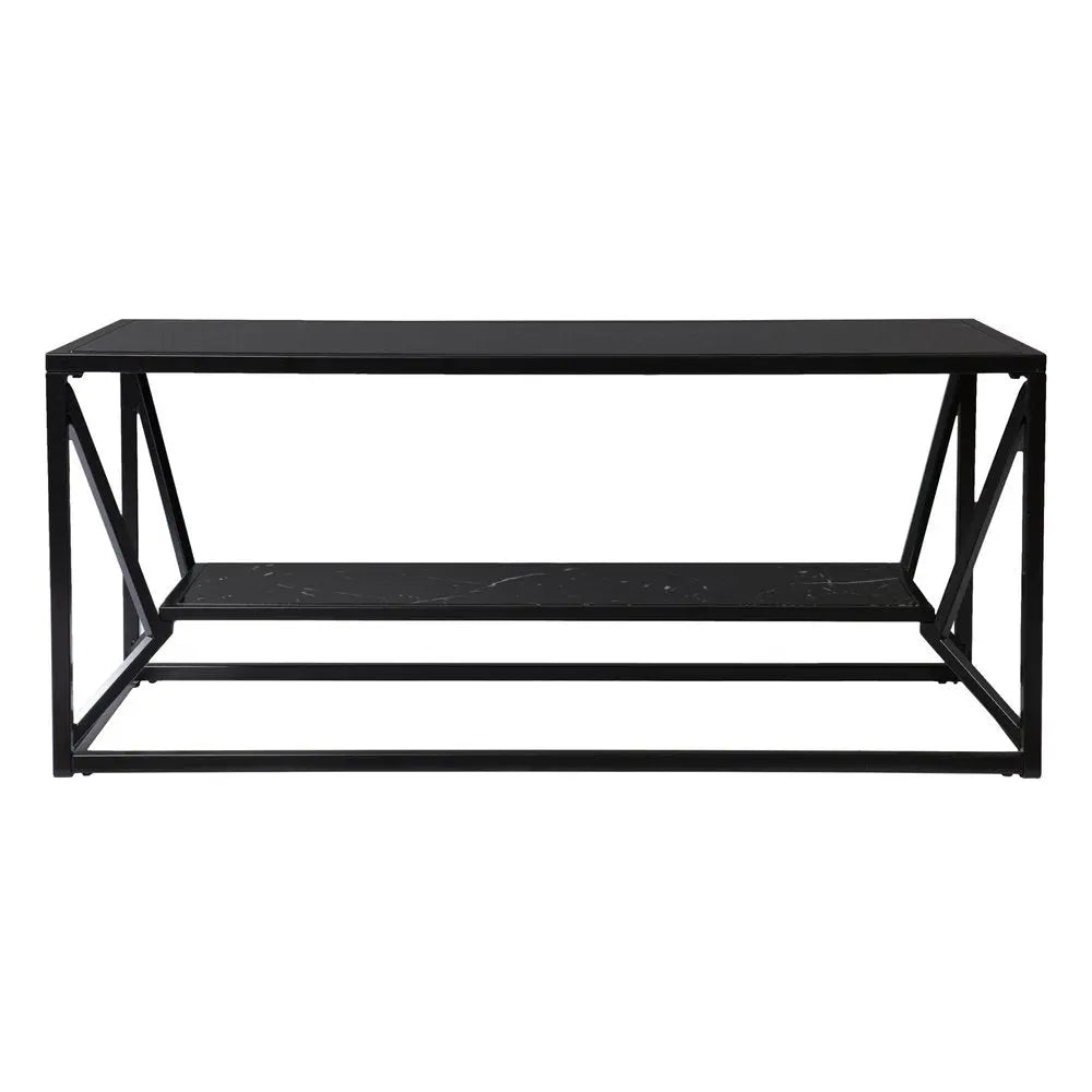 42" Black Glass Faux Marble And Metal Coffee Table With Shelf HomeRoots