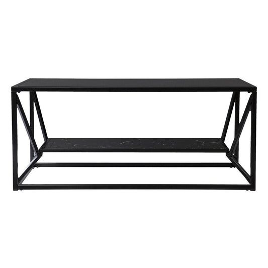 42" Black Glass Faux Marble And Metal Coffee Table With Shelf HomeRoots