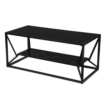 42" Black Glass Faux Marble And Metal Coffee Table With Shelf HomeRoots