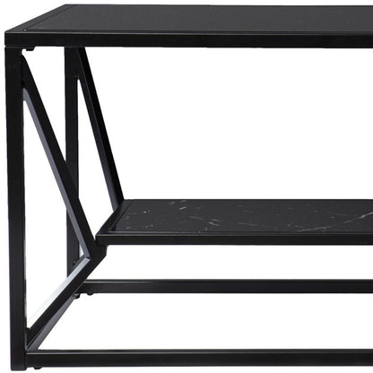 42" Black Glass Faux Marble And Metal Coffee Table With Shelf