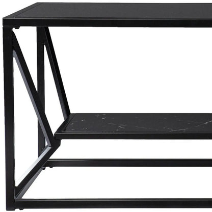 42" Black Glass Faux Marble And Metal Coffee Table With Shelf HomeRoots