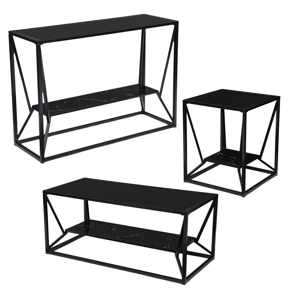 42" Black Glass Faux Marble And Metal Coffee Table With Shelf HomeRoots