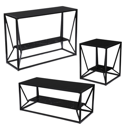 42" Black Glass Faux Marble And Metal Coffee Table With Shelf HomeRoots