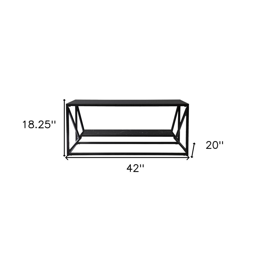 42" Black Glass Faux Marble And Metal Coffee Table With Shelf HomeRoots