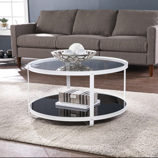 32" White Glass And Metal Two Tier Round Coffee Table HomeRoots