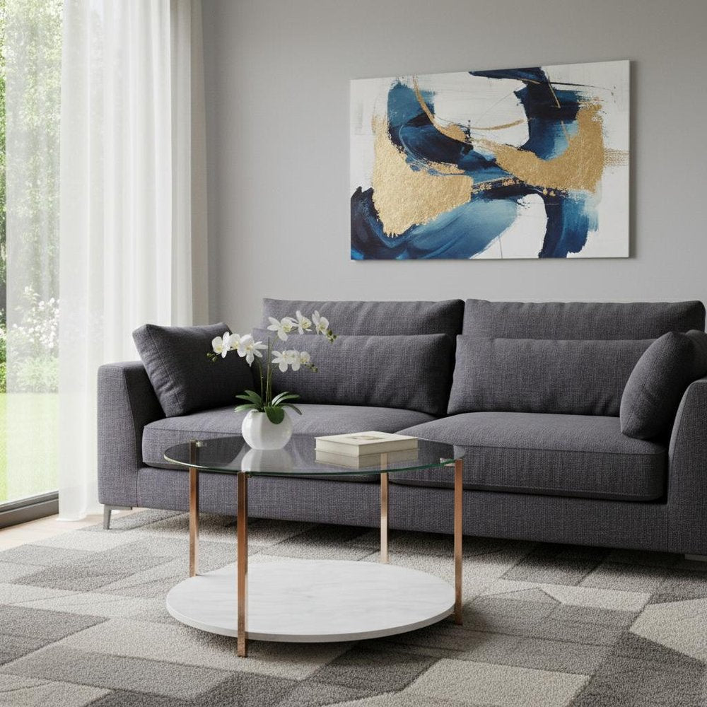 33" Gold Glam Glass And Faux Marble Two Tier Round Coffee Table HomeRoots